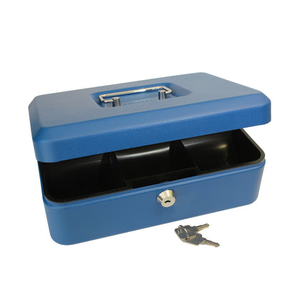 A partially open matte blue 10-inch key lockable cash box. The box features a sturdy metal handle and a secure lock at the front for safekeeping of cash and coins. A set of 2 keys on a ring is shown in front of the cash box.