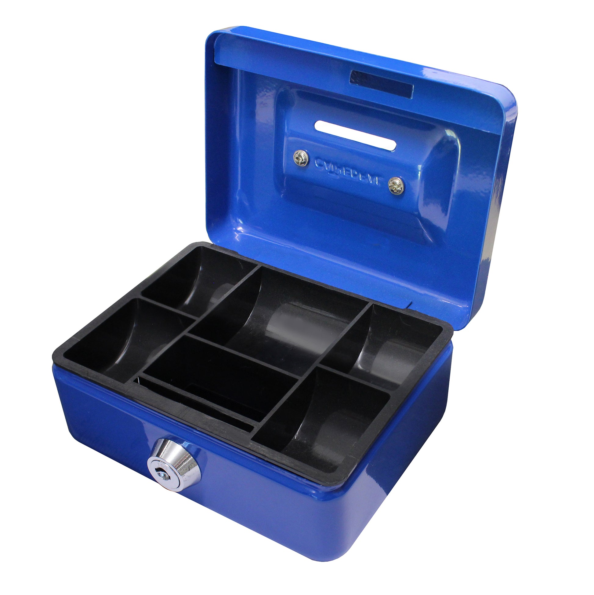 An open 4-inch key lockable blue cash box with a coin slot visible in the lid and a lift-out black 5-compartment tray, designed for organizing and securing coins and cash