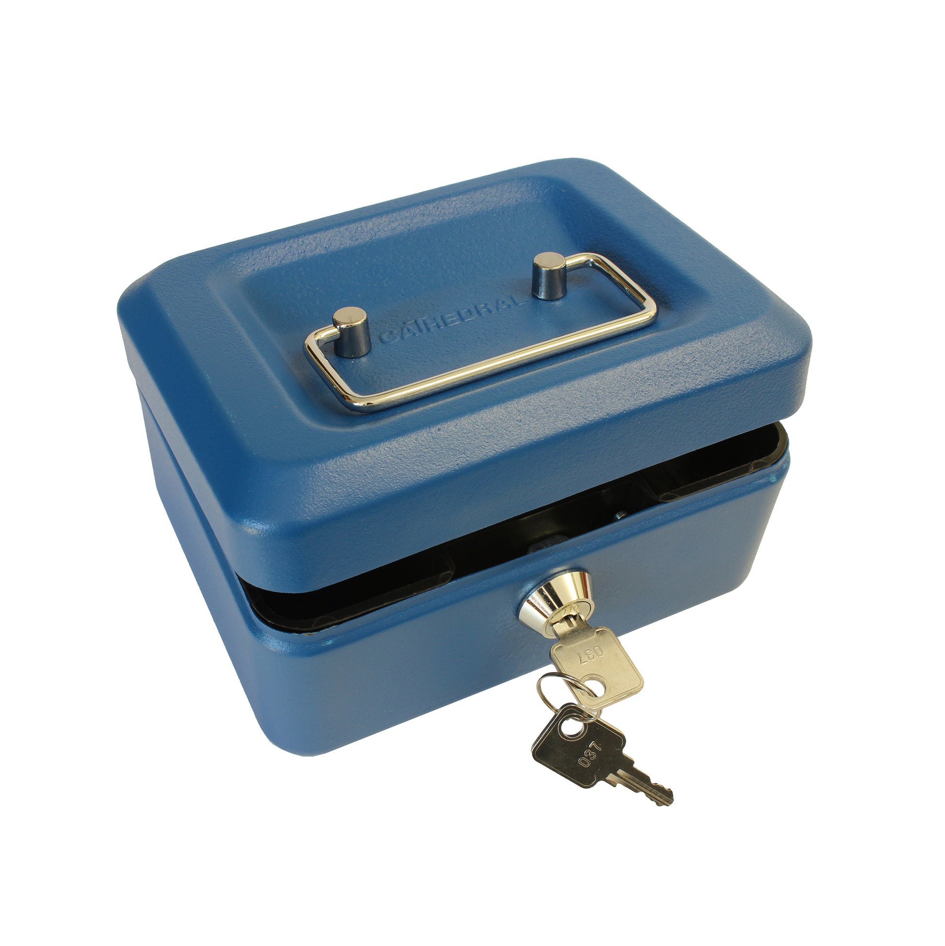 A partially open matte blue 6-inch key lockable cash box. The box features a sturdy metal handle and a secure lock at the front for safekeeping of cash and coins. A set of 2 keys on a ring is shown inserted into the lock on the front of the cash box.