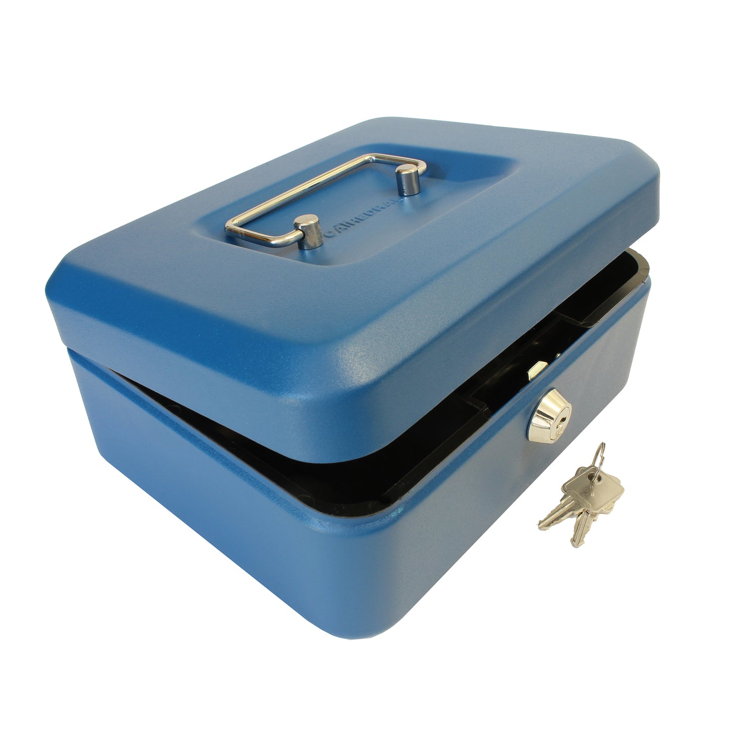 A partially open matte blue 8-inch key lockable cash box. The box features a sturdy metal handle and a secure lock at the front for safekeeping of cash and coins. A set of 2 keys on a ring is shown in front of the cash box.