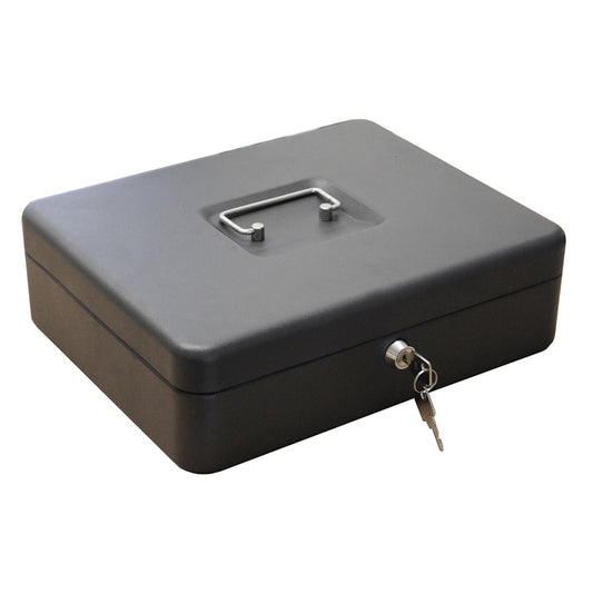 A closed, black cash box with a silver handle on top and a key inserted into a lock on the front. The key is attached to a small ring, suggesting portability and security for the contents inside the box.