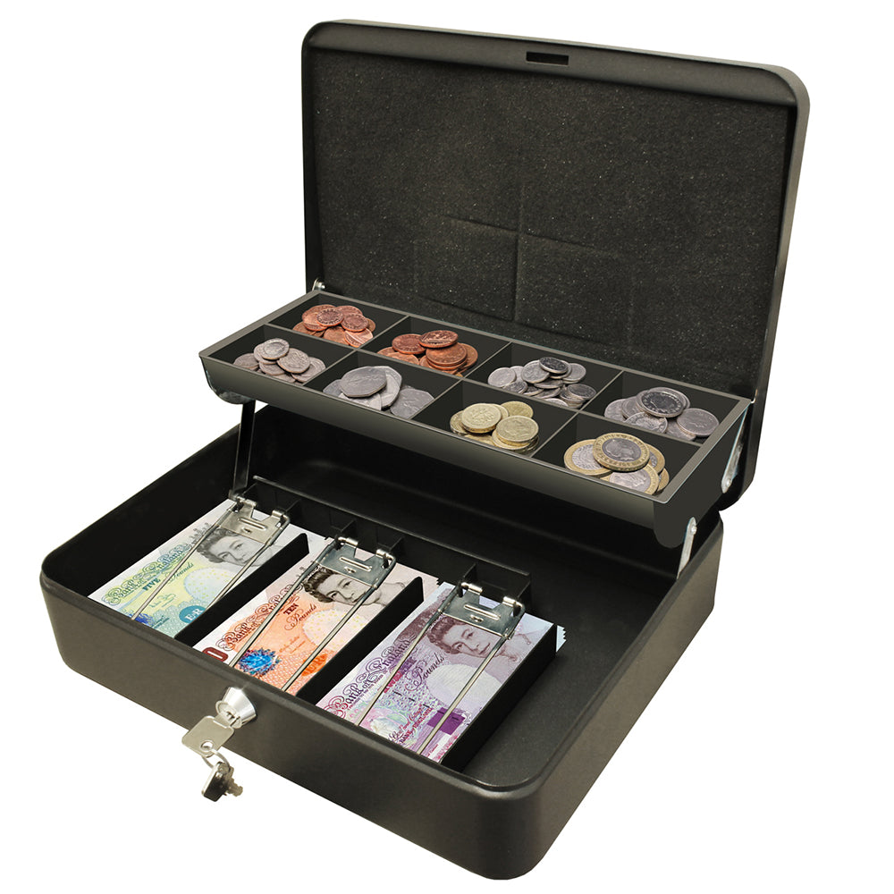 An open, black cash box with multiple compartments, displaying an assortment of coins in the upper tray, sorted by size and color. Below, there are three compartments with paper currency organized by denomination under metal clips. A key is in the lock on the front of the box, and the lid has a foam insert for protection of contents.