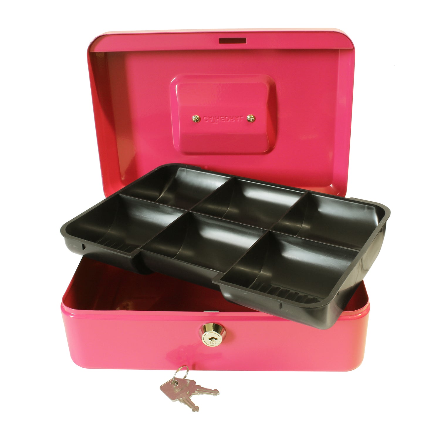 An open 10-inch key lockable bright pink cash box with a lift-out black 6-compartment tray, designed for organizing and securing coins and cash. A set of 2 keys on a ring is shown in front of the cash box.