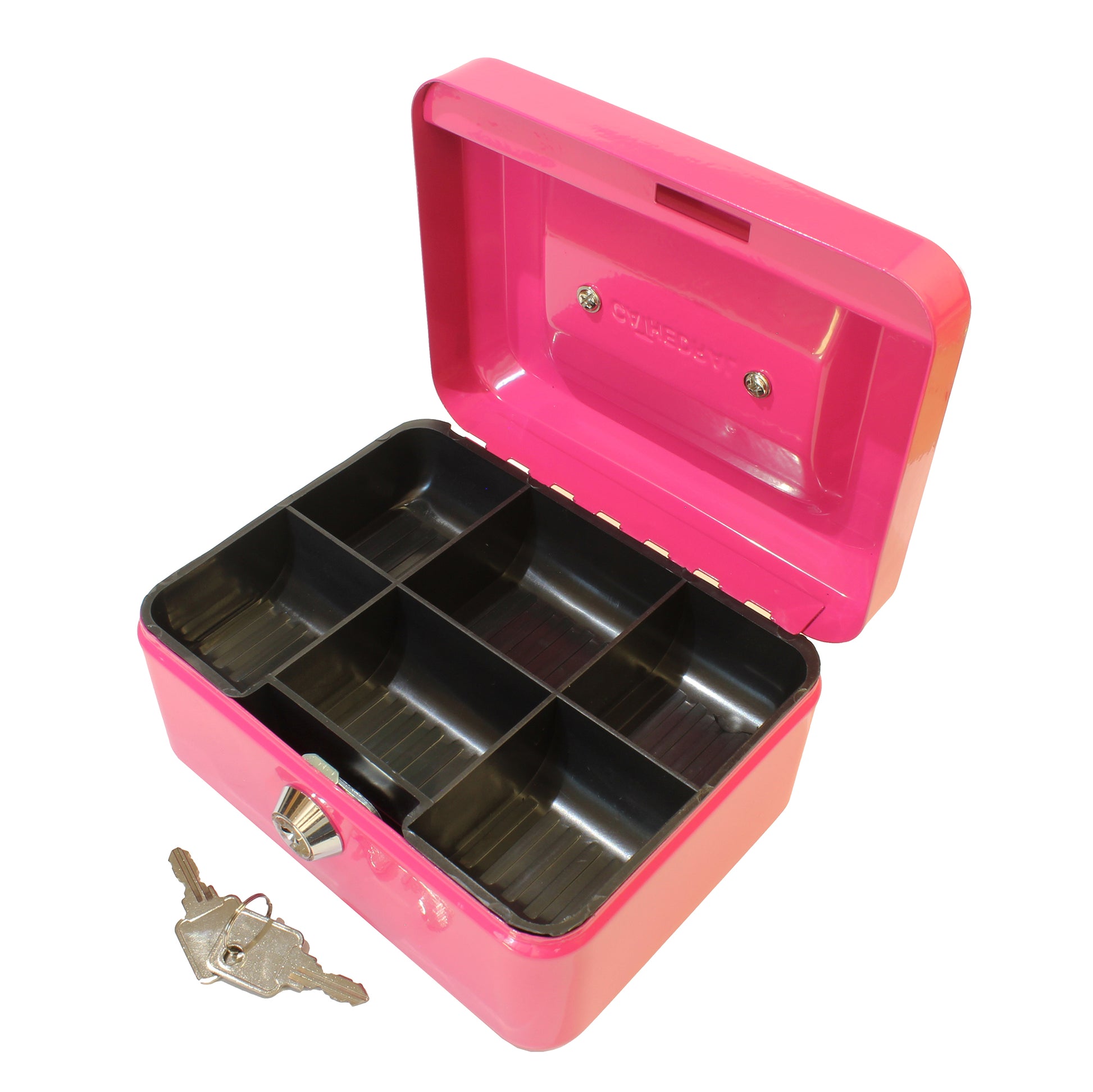An open 6-inch key lockable bright pink cash box with a lift-out black 6-compartment tray, designed for organizing and securing coins and cash. A set of 2 keys on a ring is shown in front of the cash box.