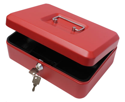 A partially open matte red 10-inch key lockable cash box. The box features a sturdy metal handle and a secure lock at the front for safekeeping of cash and coins. A set of 2 keys on a ring is shown inserted into the lock on front of the cash box.