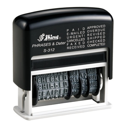 A Shiny brand self-inking phrase and date stamp, model S-312. The stamp is black with a list of phrases above the date bands, including 'PAID', 'APPROVED', and 'URGENT', among others. It has a white base and lever for easy handling and operation. The rubber bands with dates and phrases are adjustable for various office documentation needs.