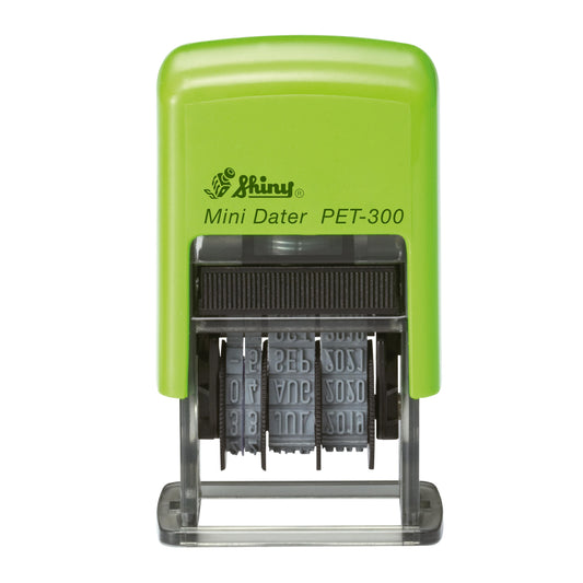 A Shiny Mini Dater PET-300 date stamp with a lime green casing and black self-inking pad. The adjustable date bands are visible, showing the day, month, and year in reverse.