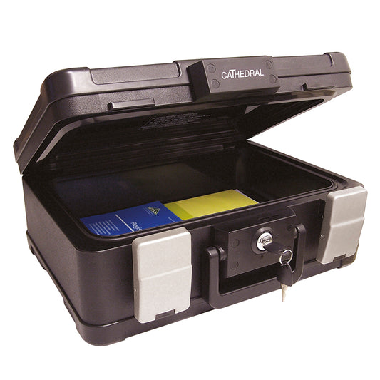Cathedral Products brand DSBA4 UL Certified lockable A4 fire and waterproof security chest with an open lid, revealing stored documents inside. The chest features a black exterior with silver latches and a key in the lock for added security.