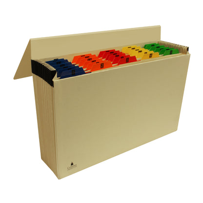 Open Cathedral Products foolscap expanding file with multi-colored tabs numbered 1 to 31, made for organizing documents, with a beige cover and visible tab labels for easy identification.