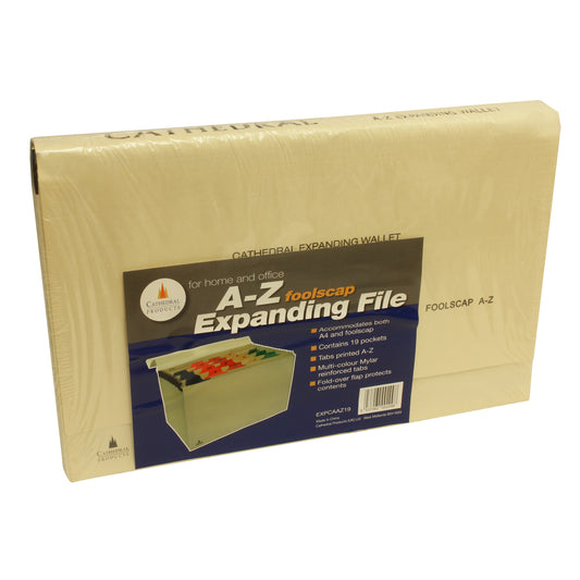 The packaging for a Cathedral brand A-Z foolscap size expanding file. The packaging is a clear plastic wrap, allowing the visual of the product label which includes a picture of the manila expanding file with coloured tabs. Text on the label highlights that it accommodates both A4 and foolscap sizes, contains 19 pockets, and has multi-colored tabs. The product is described as suitable for home and office use.