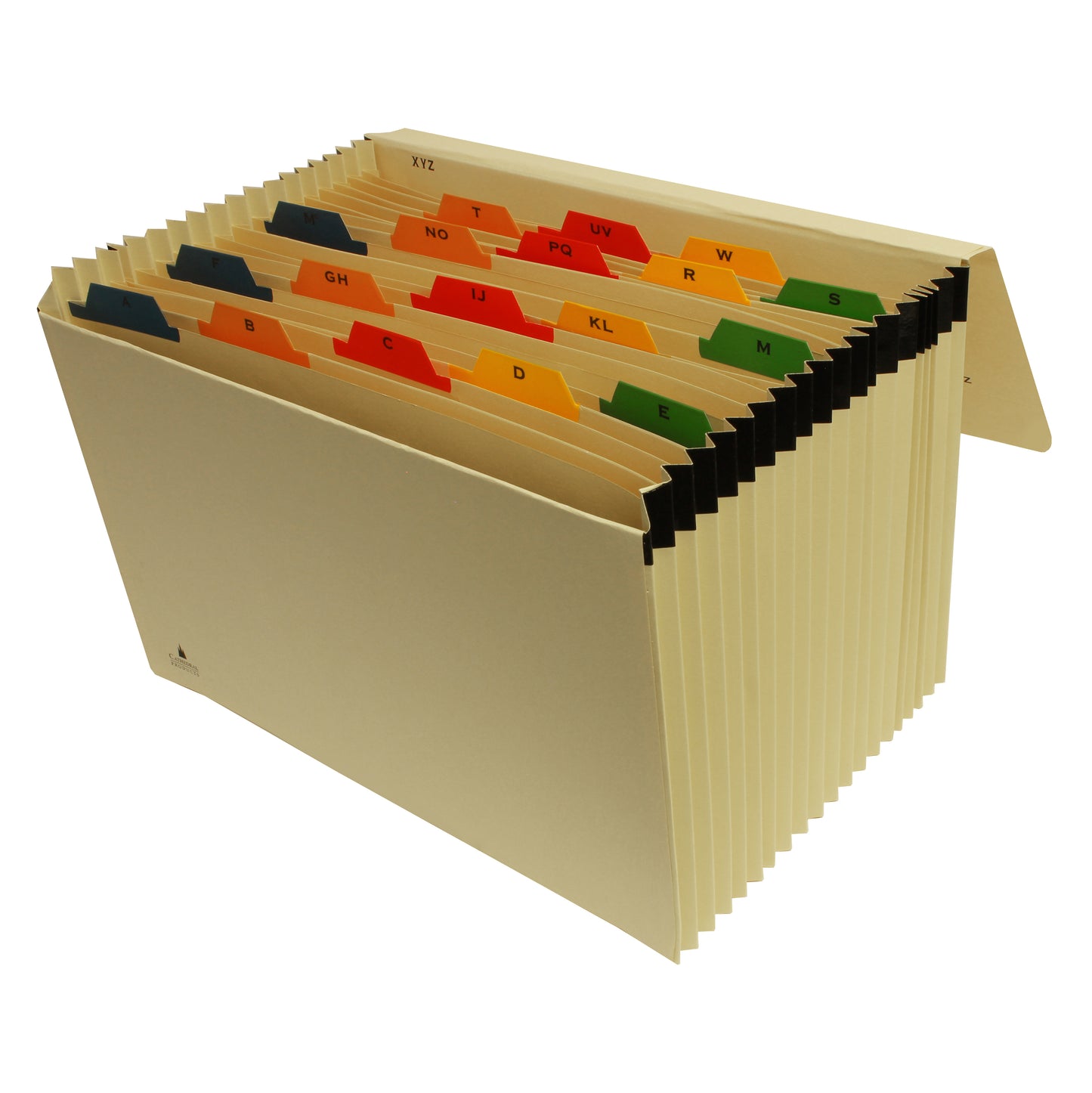 A side view of an expanded beige file organizer with multi-colored tabs indicating the letters of the alphabet for sorting documents. Each section has a tab in a different color with a letter or letter group written on it, such as 'A', 'GH', 'IJ', and so on, up to 'XYZ'. The file appears to have a large capacity with numerous sections visible, making it a practical tool for organizing a wide range of documents.