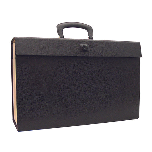 The image depicts a black textured expanding file case, featuring a sturdy handle and a clasp closure on the front for security. The case is designed for carrying documents and appears durable, suitable for professional use.