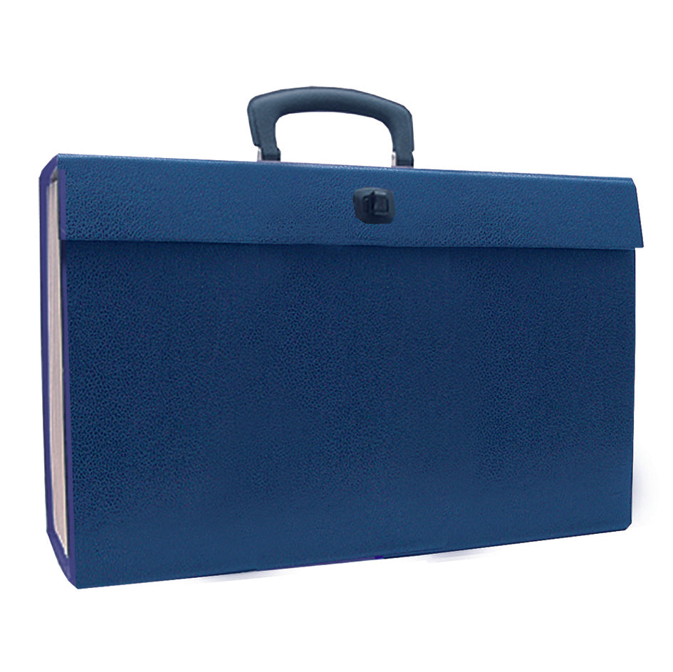 The image depicts a blue textured expanding file case, featuring a sturdy handle and a clasp closure on the front for security. The case is designed for carrying documents and appears durable, suitable for professional use.