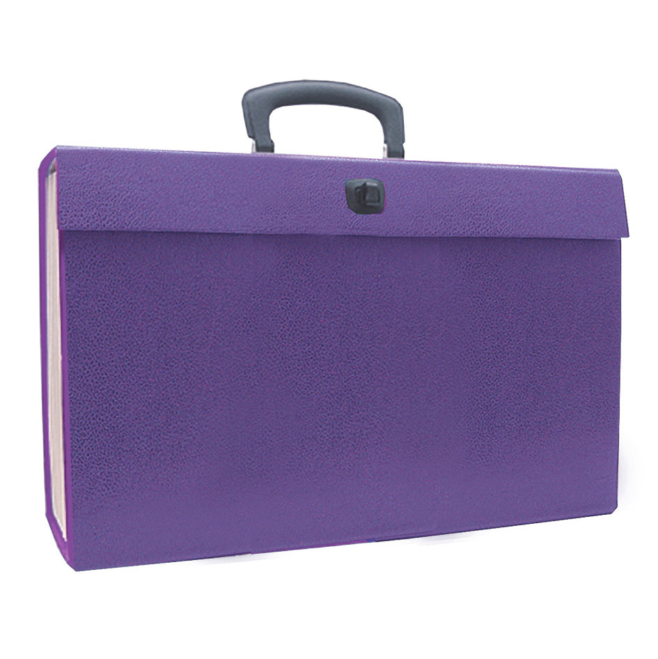 The image depicts a purple textured expanding file case, featuring a sturdy handle and a clasp closure on the front for security. The case is designed for carrying documents and appears durable, suitable for professional use.