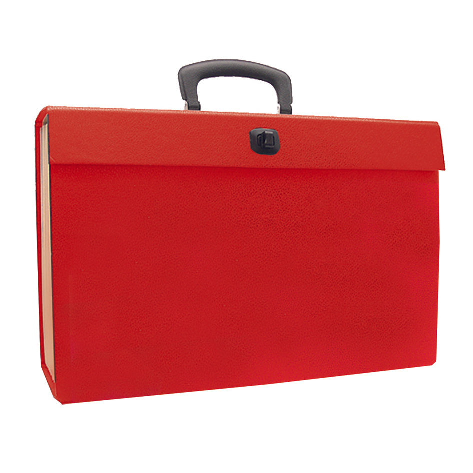 The image depicts a red textured expanding file case, featuring a sturdy handle and a clasp closure on the front for security. The case is designed for carrying documents and appears durable, suitable for professional use.