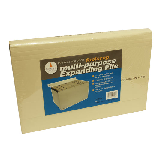 Packaging for Cathedral Products' multi-purpose expanding file, which is foolscap size with 16 pockets, suitable for both A4 and foolscap documents. The package features a picture of the manila file and lists features like a printed A-Z, 1-31, monthly planner, and tabs for organization, all protected by a fold-over flap.