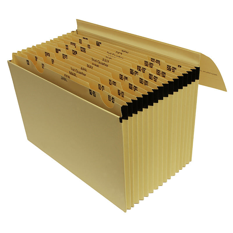 Expanded manila expanding file with 16 individual pockets, each labeled with numbers for days, months, and quarters for detailed and organized document filing. The black labelling on the tabs contrast with the beige colour of the file, facilitating easy identification and access.
