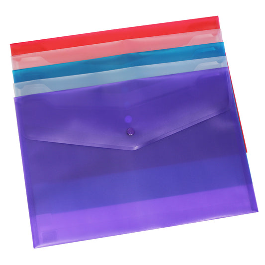 Stack of A4-sized plastic stud wallets in assorted colors including purple, clear, blue, and red, with a snap-button closure, on a white background.
