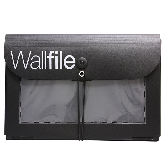 Black wall-mounted Wallfile organizer with a clear front panel, showcasing its design