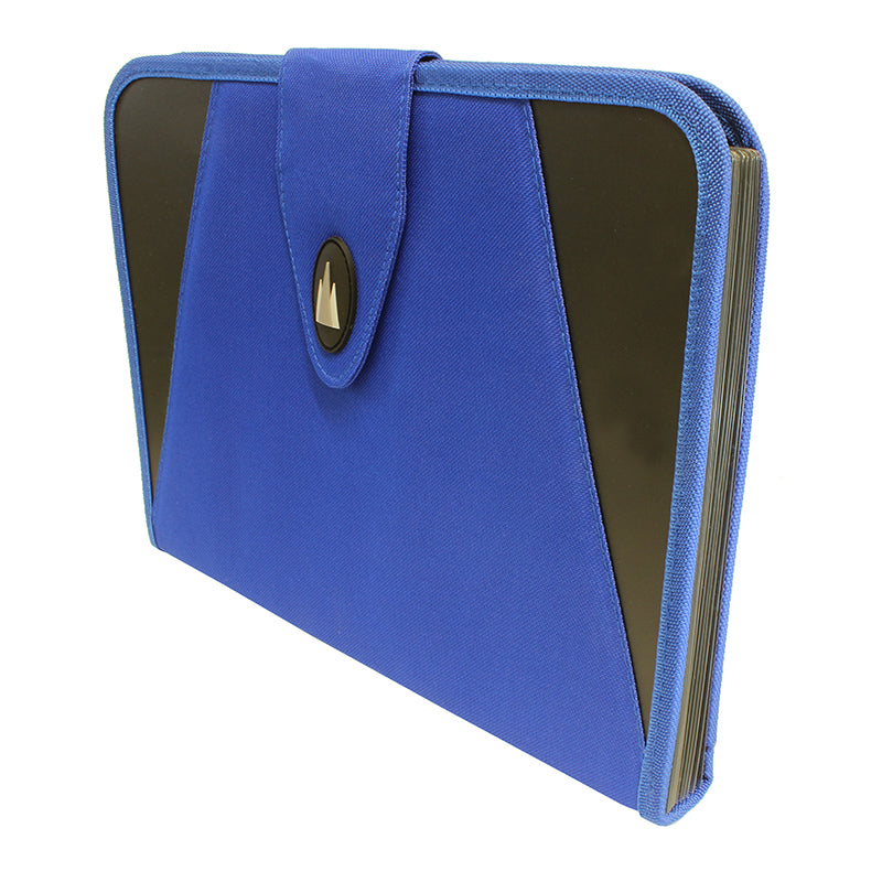 A vibrant blue fabric expanding document folder with a black concertina interior and a secure velcro fastener. The folder is edged with blue binding, providing a contrast to the black interior. A stylized Cathedral Products logo affixed to the velcro closure.