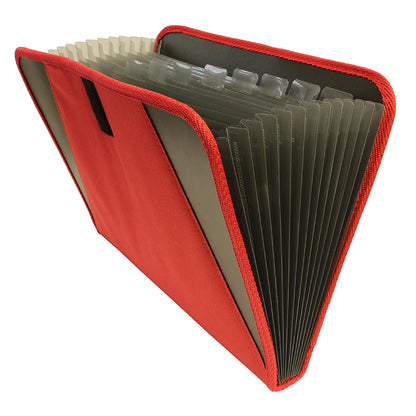An open, expanding file organizer with red fabric cover and black interior. The organizer features multiple clear tabs for labeling and a red fabric gusset with black edging, allowing for a wide expansion to accommodate a large number of documents. It is designed for efficient storage and organization.