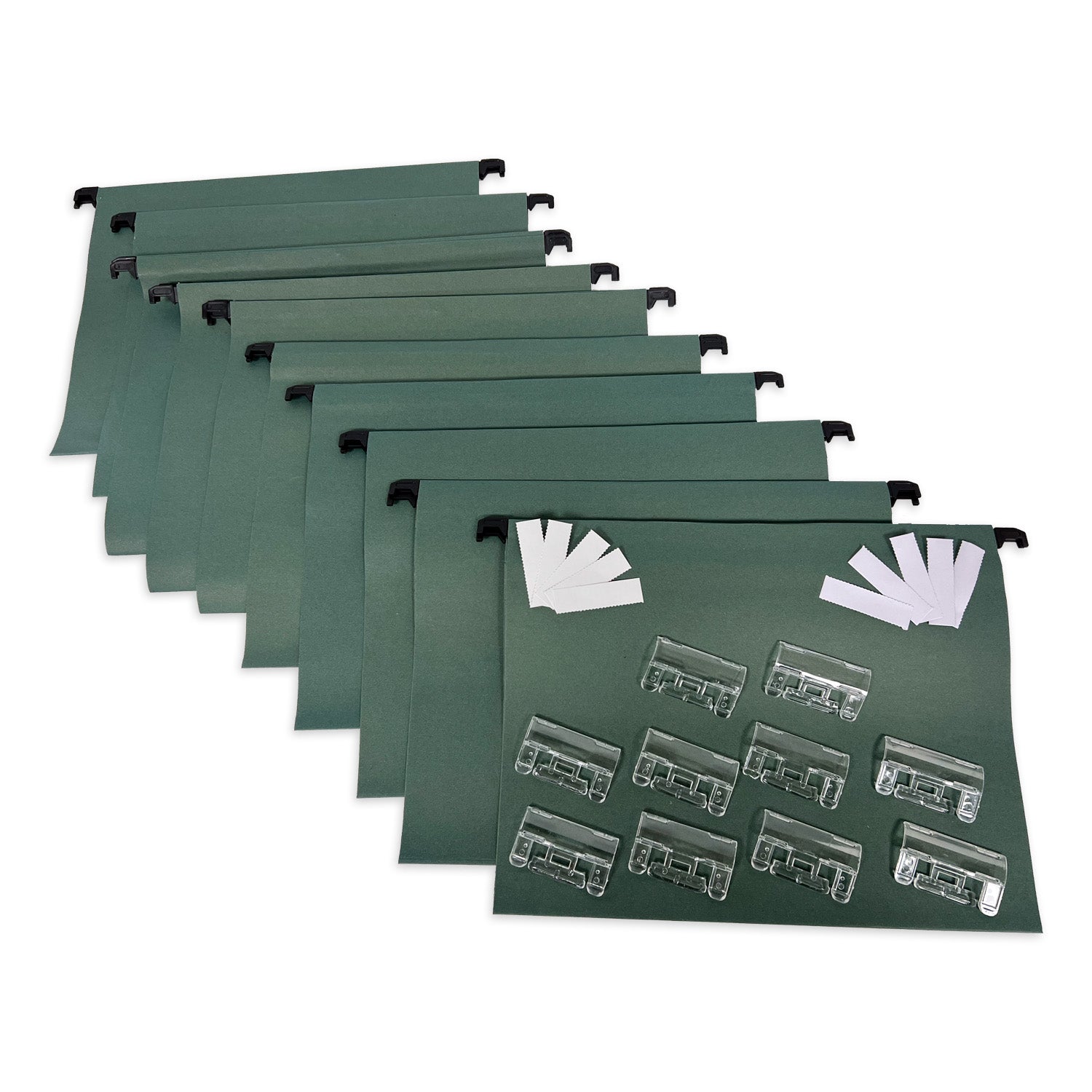 Array of 10 A4 green manilla suspension files fanned out with white paper inserts on top, accompanied by clear plastic tabs, ready for organization in a filing cabinet.