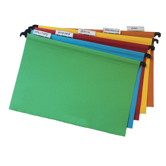 A pack of 10 Foolscap-sized assorted color suspension files with clip-on index tabs and inserts, showcasing labels such as 'Utilities,' 'Invoices,' 'Bank,' 'Insurance,' and 'Car' for organization and filing.
