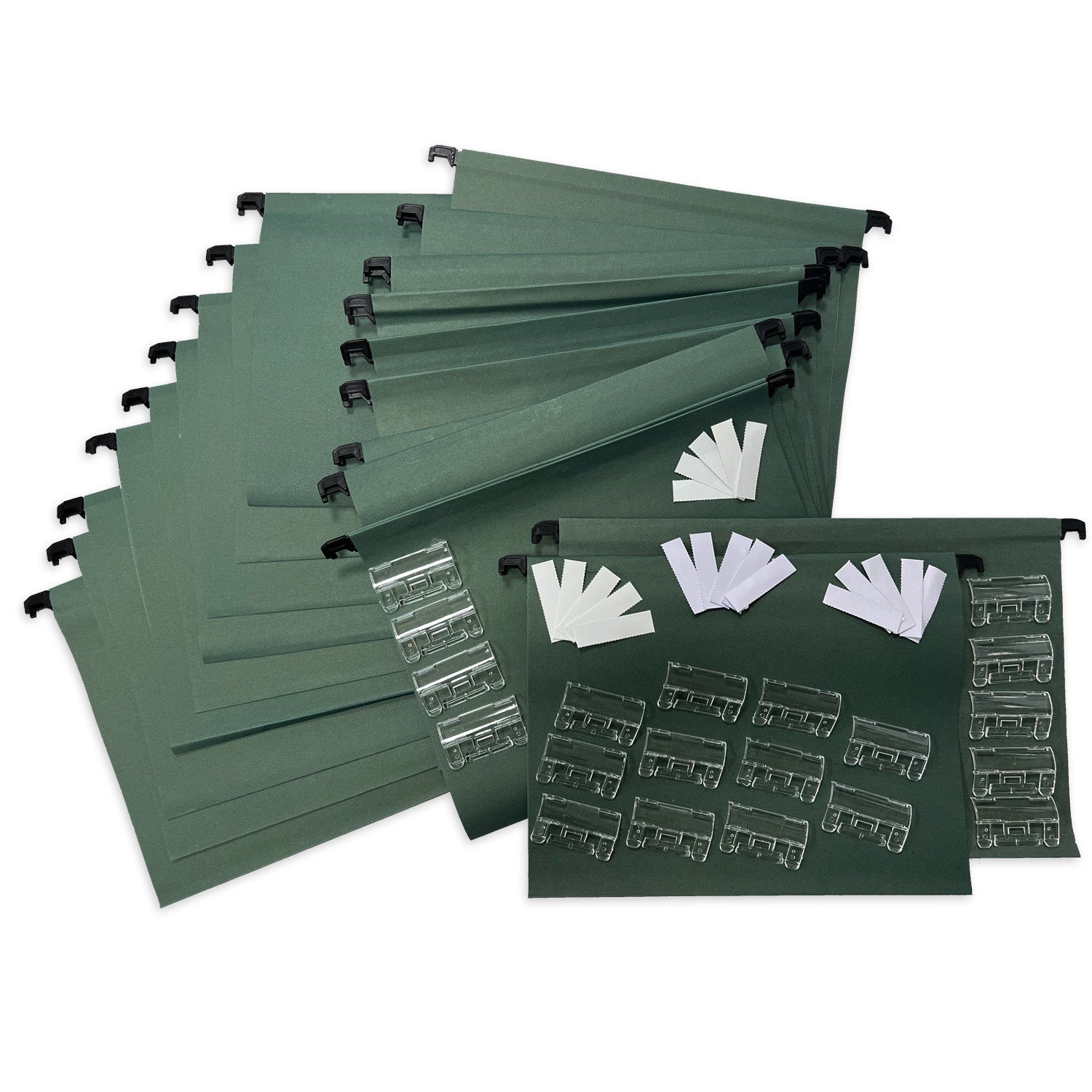 Array of 20 A4 green manilla suspension files fanned out with white paper inserts on top, accompanied by clear plastic tabs, ready for organization in a filing cabinet.