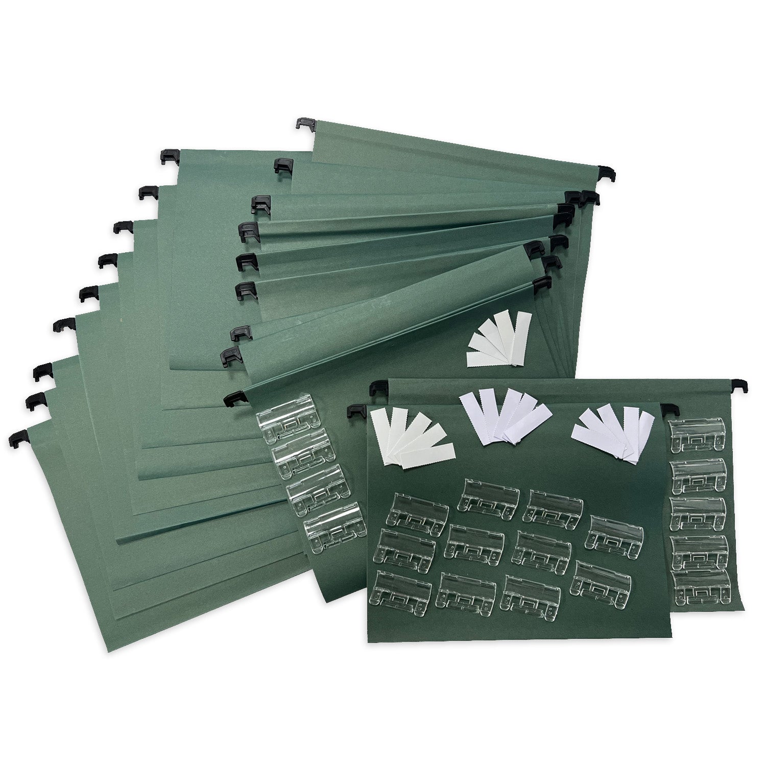 Array of 20 A4+ (Foolscap) green manilla suspension files fanned out with white paper inserts on top, accompanied by clear plastic tabs, ready for organization in a filing cabinet.