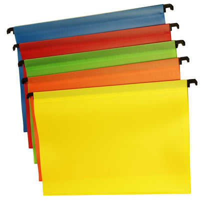 A pack of five brightly colored foolscap polypropylene suspension files fanned out, with colors including blue, red, green, orange, and yellow.