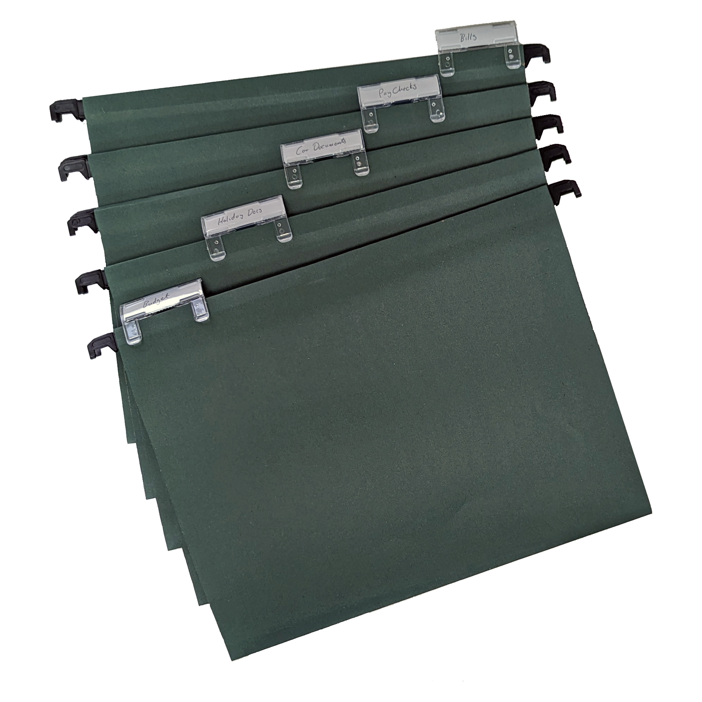 A set of A4 green manilla suspension files equipped with clip-on index tabs and white inserts for labeling, neatly stacked and organized for efficient document filing and retrieval.