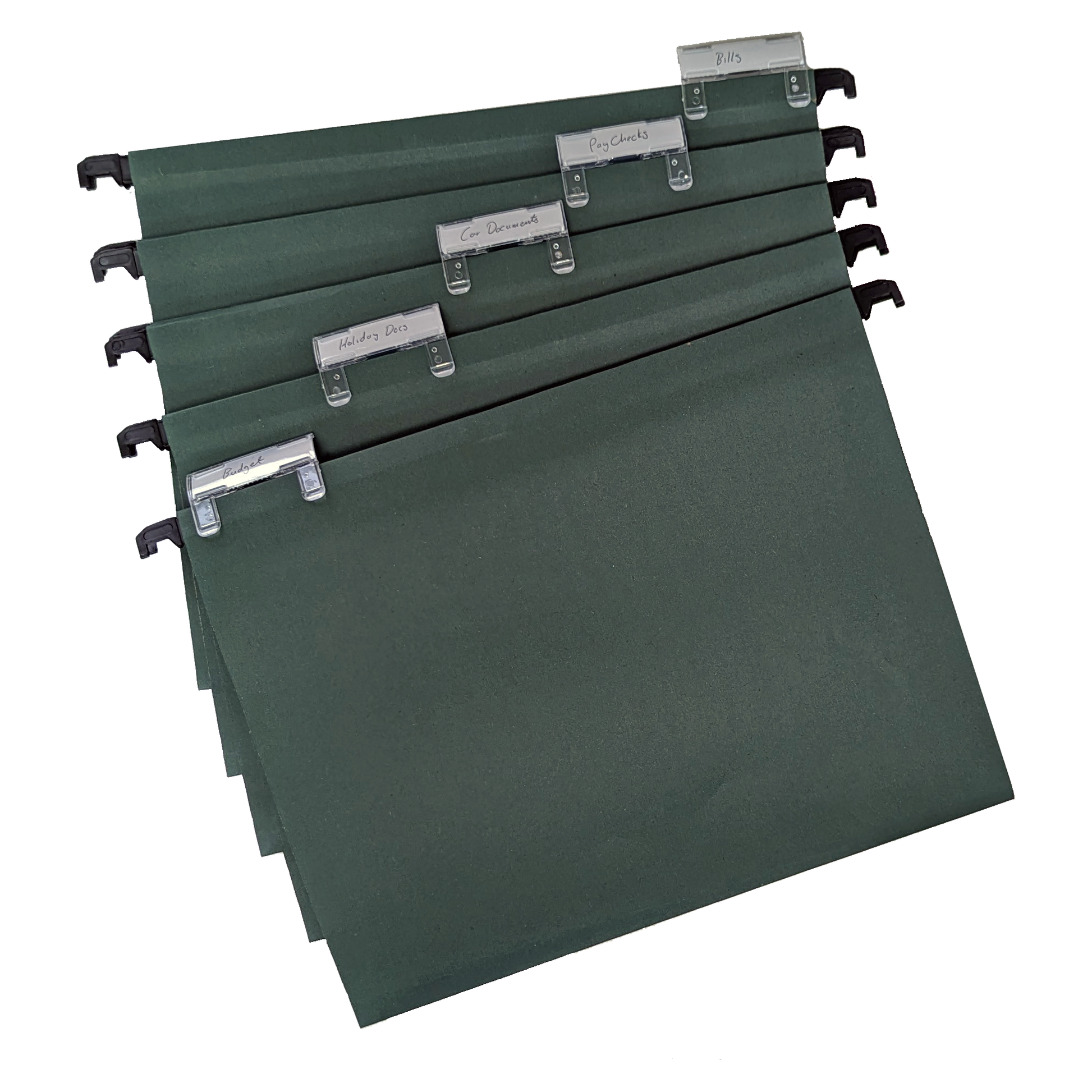 A set of A4 green manilla suspension files equipped with clip-on index tabs and white inserts for labeling, neatly stacked and organized for efficient document filing and retrieval.
