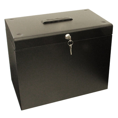 A black A4 steel home file box with a lock and key in the front and a carrying handle on top, comes with five suspension files included.