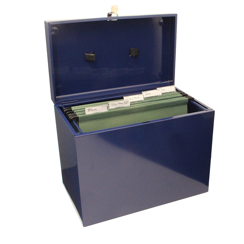 Open blue A4 steel home file box with five green suspension files inside, all with handwritten labels including 'Bills', 'Budget', 'Current Year', and others demonstrating organized document storage. 