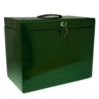 A British Racing Green A4 steel home file box with a lock and key in the front and a carrying handle on top, comes with five suspension files included.