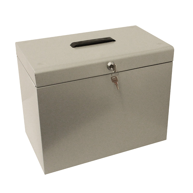A silver grey A4 steel home file box with a lock and key in the front and a carrying handle on top, comes with five suspension files included.