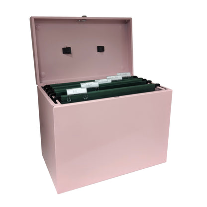 Open pastel pink A4 steel home file box with five green suspension files inside, all with handwritten labels including 'Bills', 'Budget', 'Current Year', and others demonstrating organized document storage. 