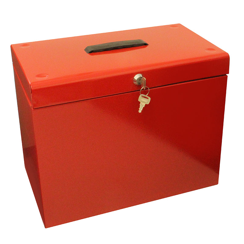 A red A4 steel home file box with a lock and key in the front and a carrying handle on top, comes with five suspension files included.