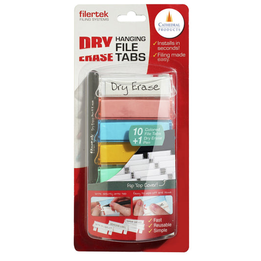 Packaging for dry erase hanging file tabs by Cathedral Products, featuring 10 coloured file tabs and one dry erase pen. The packaging emphasizes easy installation, reusability, and the inclusion flip top covers, with instructions showing how to write directly onto tabs and erase for reuse.