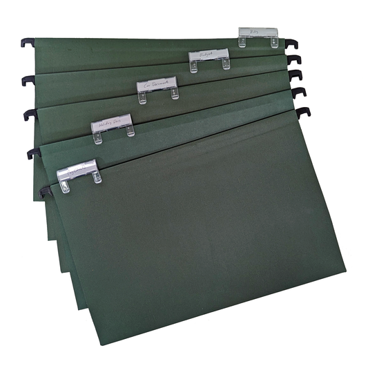 A set of A4+ (Foolscap) green manilla suspension files equipped with clip-on index tabs and white inserts for labeling, neatly stacked and organized for efficient document filing and retrieval.