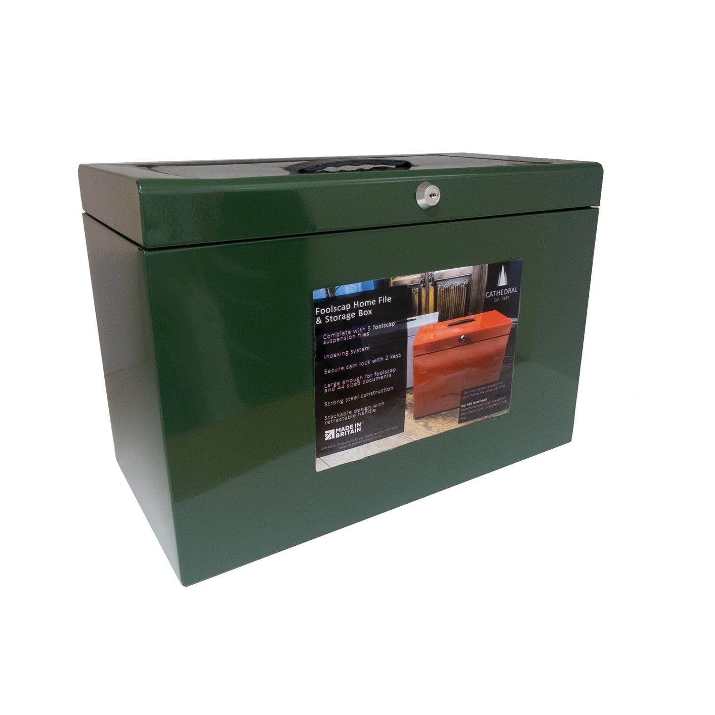 A British Racing Green A4+ (Foolscap) steel home file box with a lock and key in the front and a carrying handle on top, comes with five suspension files included.