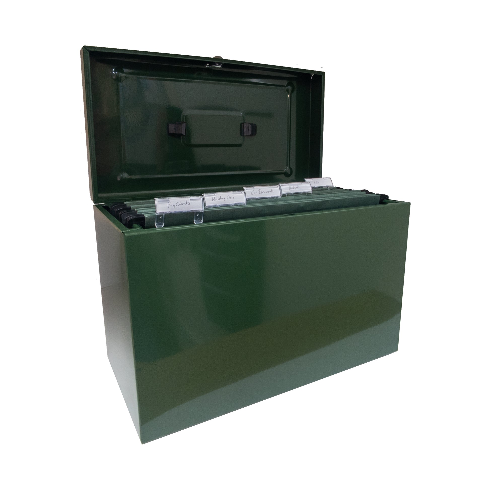 Open British racing green A4+ (Foolscap) steel home file box with five green suspension files inside, all with handwritten labels including 'Bills', 'Budget', 'Current Year', and others demonstrating organized document storage. 