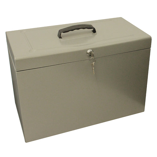 A silver grey A4+ (Foolscap) steel home file box with a lock and key in the front and a carrying handle on top, comes with five suspension files included.