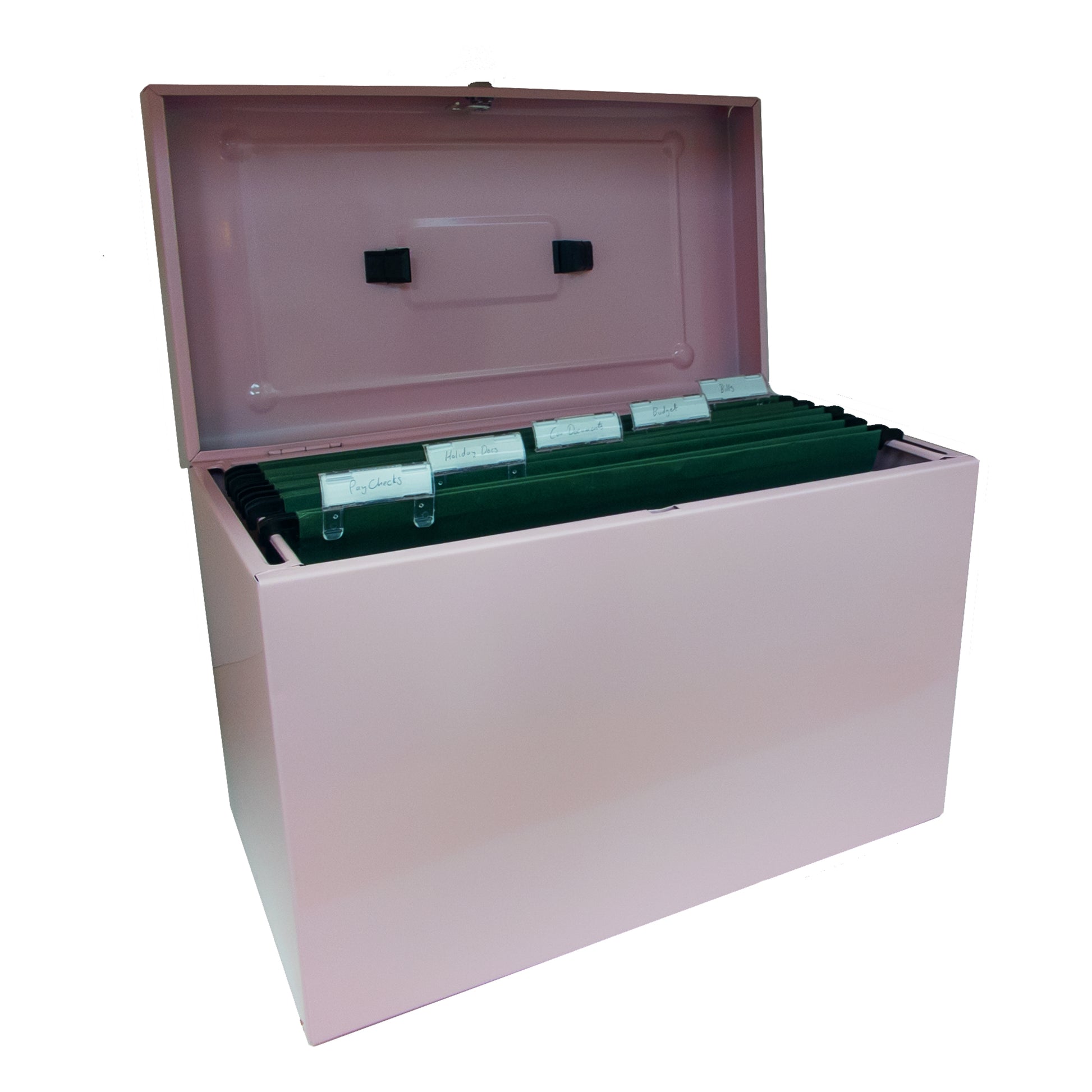 Open pastel pink A4+ (Foolscap) steel home file box with five green suspension files inside, all with handwritten labels including 'Bills', 'Budget', 'Current Year', and others demonstrating organized document storage. 
