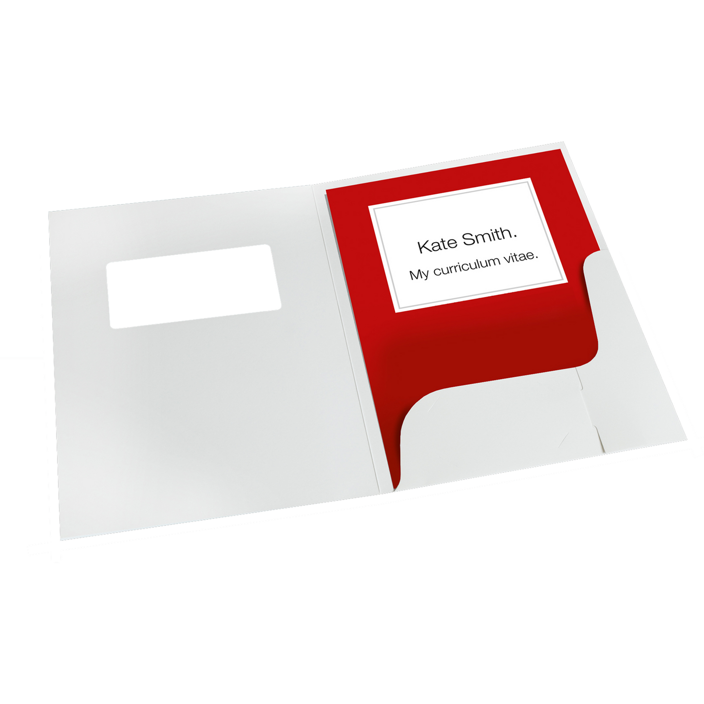 An open gloss white 250gsm card presentation folder containing a red interior document with 'Kate Smith. My curriculum vitae.' The presentation folder also features a pocket to keep the document in place, and 2 slots to hold a single business card. There is a display window cut out from the front of the folder, to display the content inside.