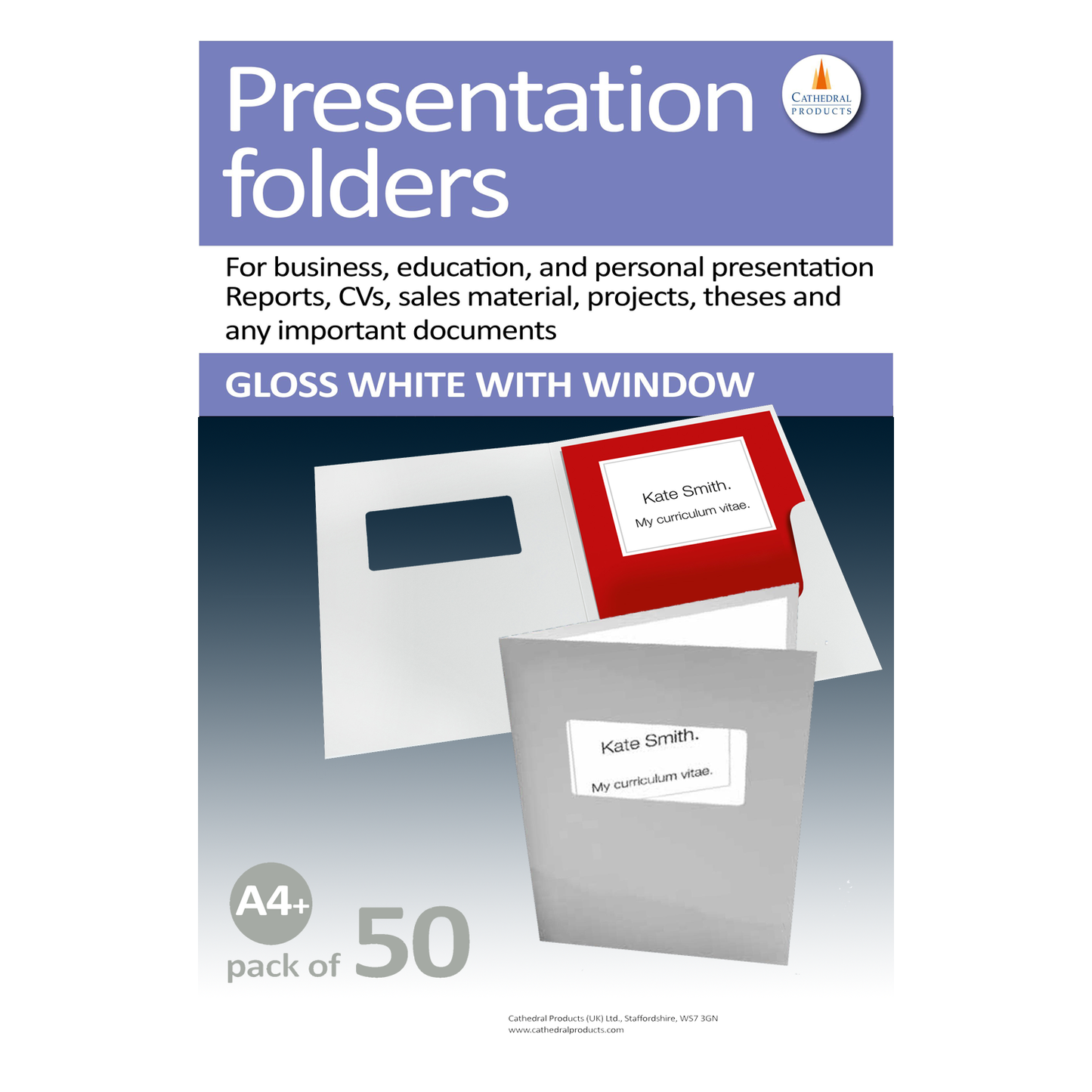 Printing on the box of a pack of 50 Cathedral Products A4 sized Presentation Folders, with window, showcasing the multi-purpose gloss white folders with a business card holder and front window. The text emphasizes their use for business, education, and personal presentation needs.