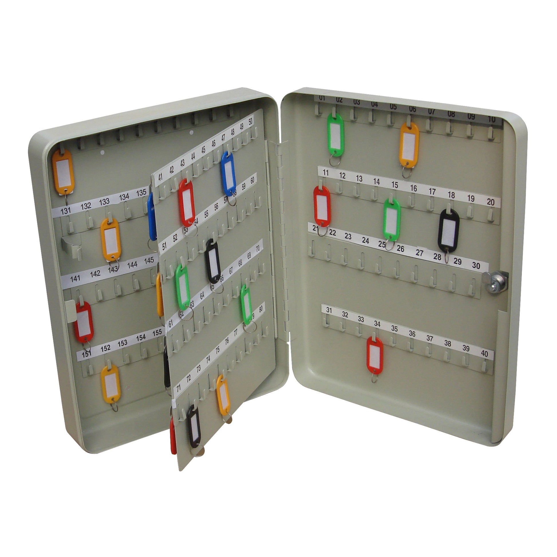 An open beige key cabinet with numbered hooks and colored key tags. The cabinet displays a range of key slots, each marked with a number from 1 to 160, indicating a structured key management system. The various colored tags attached to the keys assist with quick identification.
