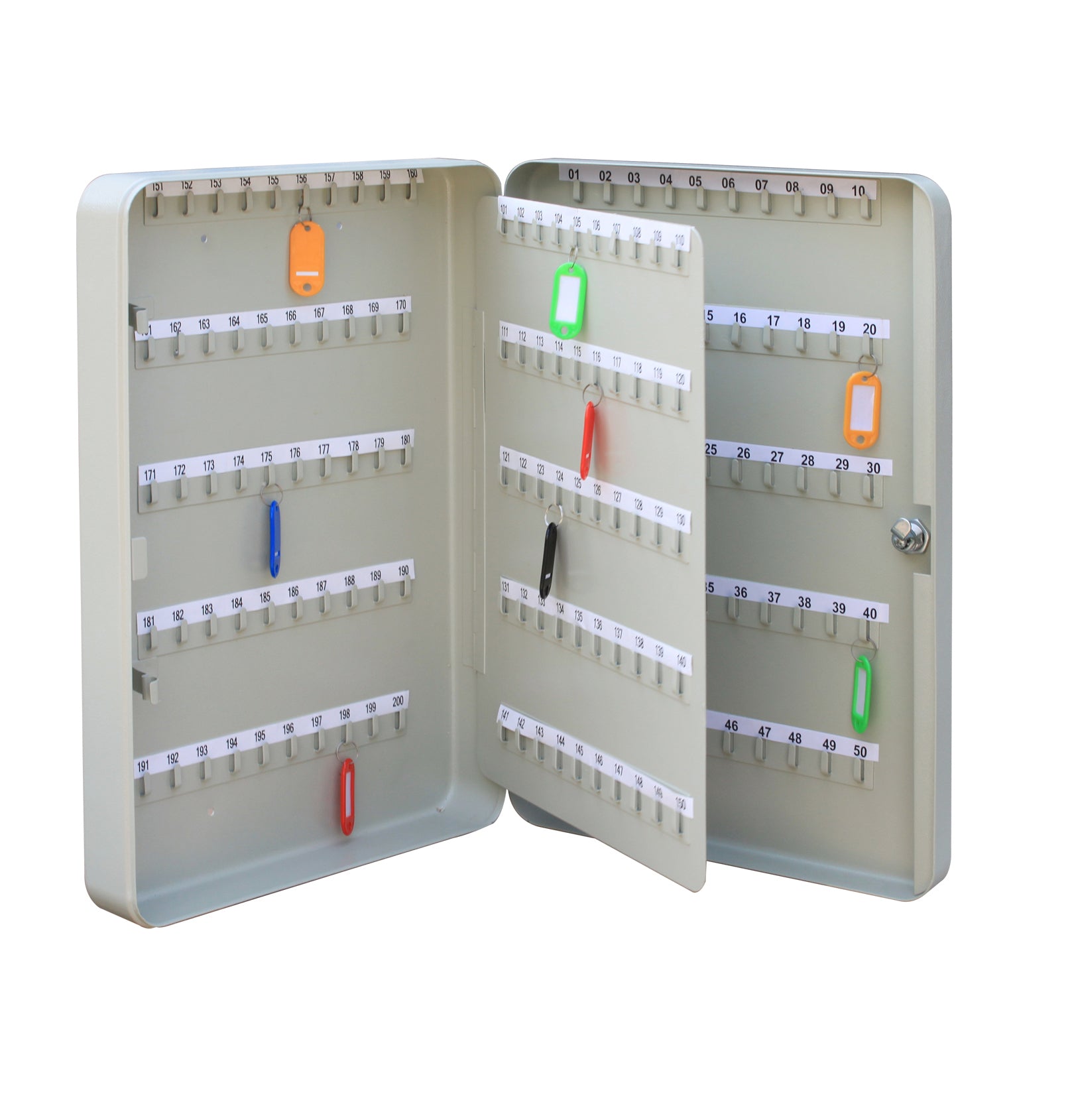 This image shows an open grey key cabinet with numbered hooks and colored key tags. The door on the left hand side displays numbers ranging from 151 to 200, while the centre panel is numbered 51 to 150 and the right side shows 1 to 50, indicating a large capacity for key organization. Each hook has a white label with black numbering, and the key tags are in bright colors like orange, green, red, and blue for easy identification.