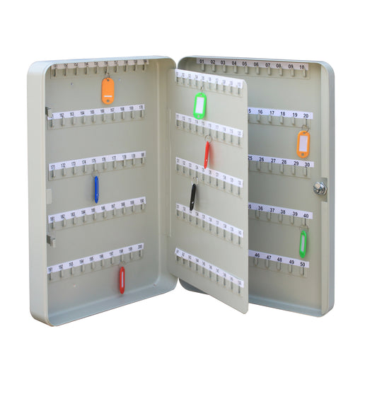 This image shows an open grey key cabinet with numbered hooks and colored key tags. The door on the left hand side displays numbers ranging from 151 to 200, while the centre panel is numbered 51 to 150 and the right side shows 1 to 50, indicating a large capacity for key organization. Each hook has a white label with black numbering, and the key tags are in bright colors like orange, green, red, and blue for easy identification.