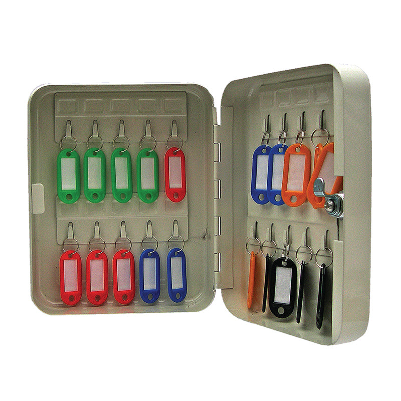 An open metal key cabinet with a variety of colored key tags hanging on hooks. Each hook appears to be labeled above, providing an organized system for key management. The key tags are in bright colors such as red, green, blue, and orange, which allows for easy identification. The cabinet's grey interior and sturdy lock mechanism on the right side indicate a design focused on both organization and security.